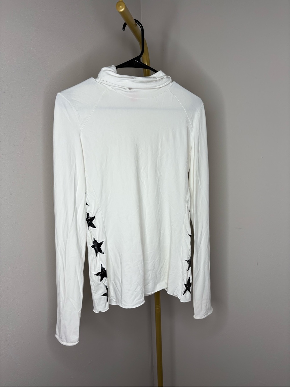 White Long-Sleeve Turtleneck Top with Black Star Side Accents